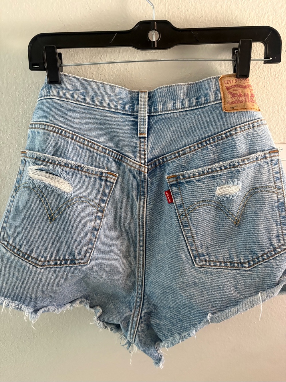 Levi's 501 Light Blue Distressed Denim Cutoff Shorts - Picture 9 of 11